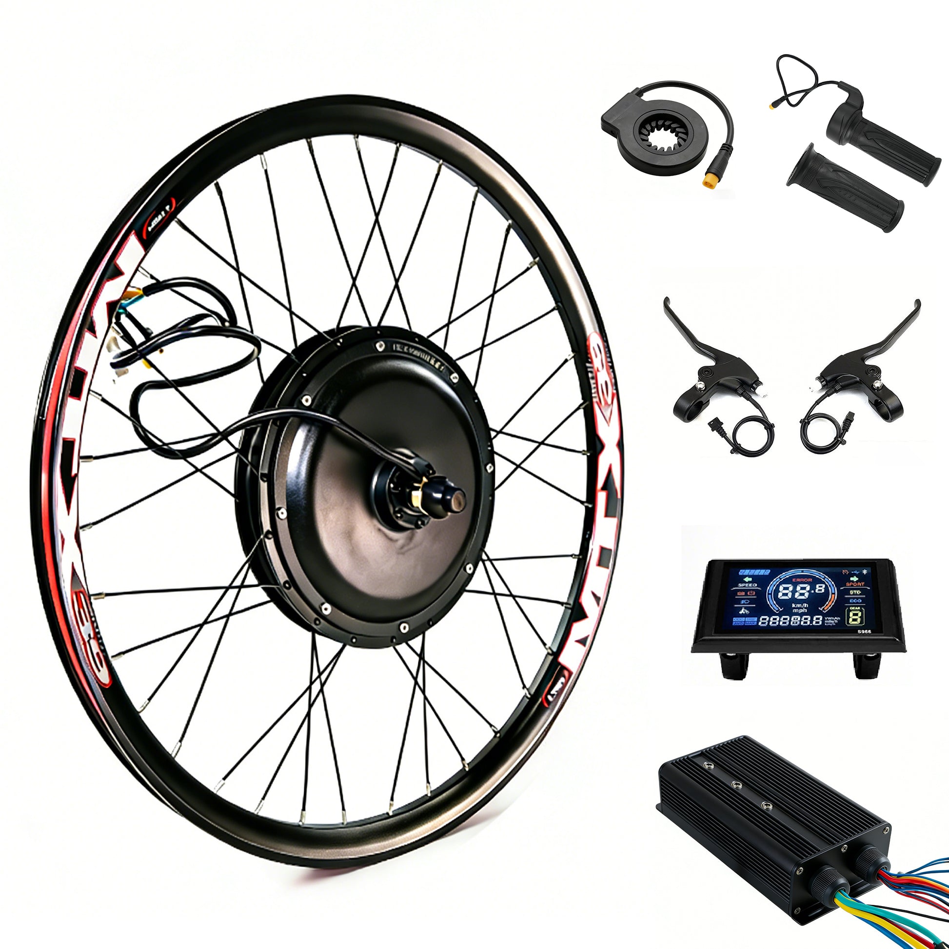 Complete 3000W ebike conversion kit with rear hub motor, lithium battery pack, and LCD display